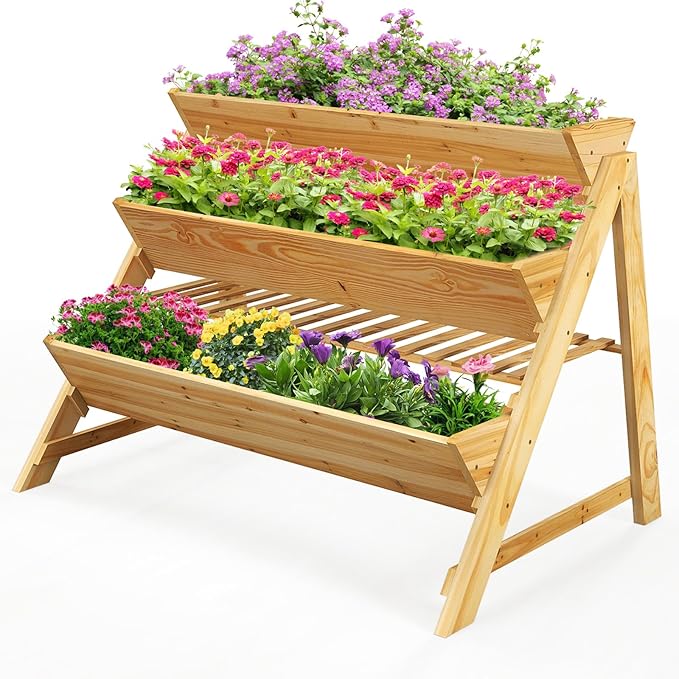 3-Tier Raised Garden Bed, Elevated Gardening Bed w/2 Side Hooks, Storage Shelf, Bed Liner, Garden Planter for Flowers, Vegetables, Herbs, Pine Wood Planter Box for Patio, Balcony, Porch