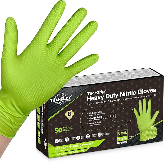 TitanFlex Heavy Duty Industrial Nitrile Gloves with Raised Diamond Texture, 8-mil, Latex Free (Green/Dark Green/Yellow)