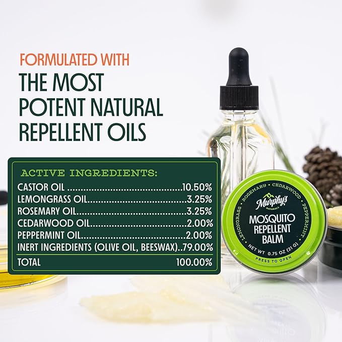 Murphy's Naturals Mosquito Repellent Balm for Outdoor Patio, Hiking, Camping, Plant-Based with Cedarwood, Lemongrass & Rosemary, 0.75 oz