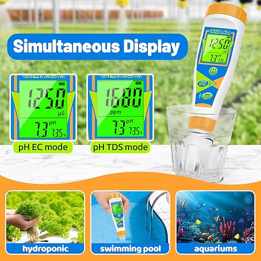 pH Meter for Water Digital EC and PPM Meter for Hydroponics Nutrient 4 in 1 pH EC TDS Temperature Tester with Large Display for Indoor Plant Grow DWC Setup Aeroponic Pool Aquarium