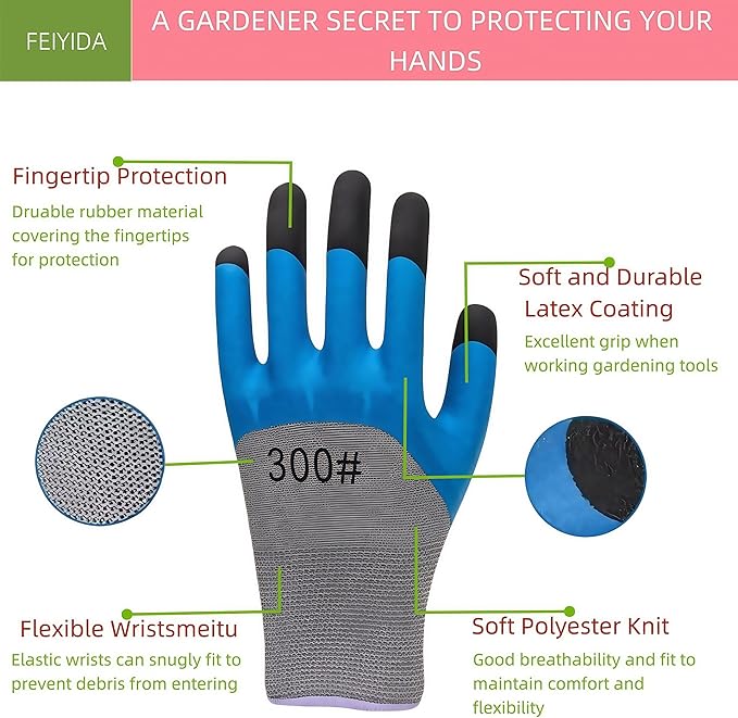 2/6 Pair Gardening Gloves ，Safety Work Gloves ，Rubber Protective Work Gloves with Gripper， Medium, Green and Blue