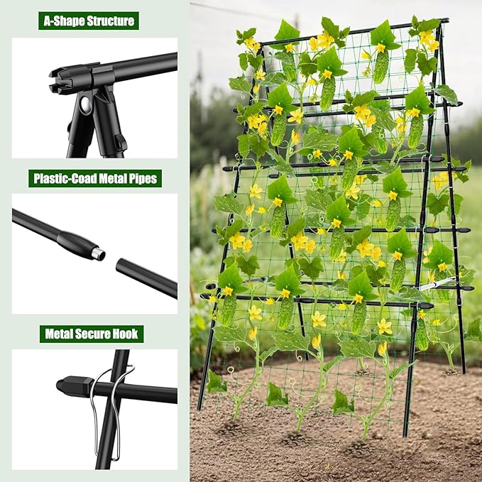 6ft Cucumber Trellis for Raised Bed, Garden Trellis for Climbing Plants Outdoor, A Frame Metal Trellis Support with Net for Vegetables Tomato Zucchini Squash Beans Peas Melons, Rose Flowers,Vines