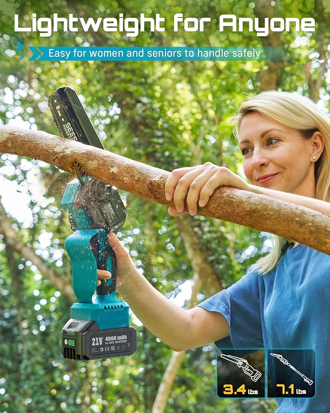 SEESII 2-in-1 Cordless Pole Saws for Tree Trimming, 6 Inch Mini Electric Chainsaw with 2 x 4000mAh Batteries, Battery Powered Chain Saw with Extension Pole, Tree Trimmer Limb Branch Cutter Pruner