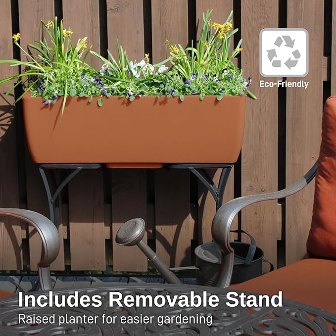RTS Home Accents 30" Long Elevated Rectangular Garden Planter with Wrought Iron Stand, Terra Cotta - Stylish, Durable, and Weather-Resistant Raised Planter for Outdoor or Indoor Gardening