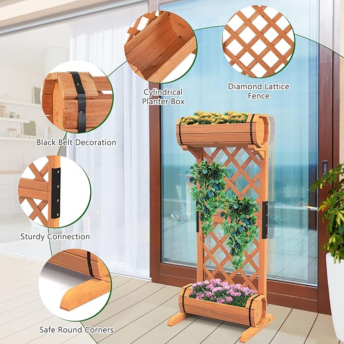 Giantex Raised Garden Bed with 2 Barrel Planters & Trellis, 2-Tier Freestanding Wooden Raised Bed for Vine Vegetable Flower Fruit, Indoor Outdoor Plant Box for Garden Yard Balcony 18" Lx14 Wx44.5 H