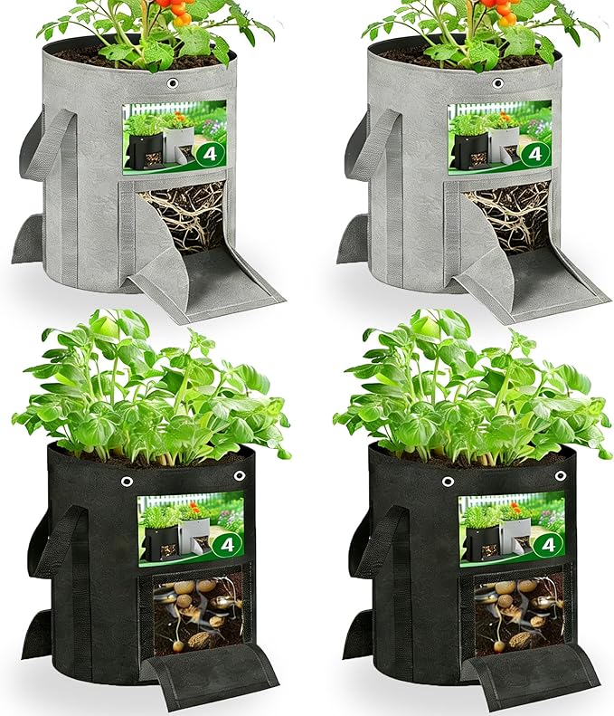 10 Gallon Grow Bags 4-Pack with Viewing Window & Harvest Flap, Heavy Duty Non-Woven Fabric Potato Grow Bags with Reinforced Handles for Vegetables, Tomatoes, Carrots, Onions