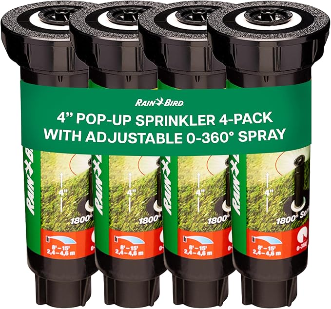 Rain Bird 1804VAN 1800 Series Professional 4 Inch Pop Up Sprinkler Head, 4 Pack - Lawn Sprinkler with Adjustable 0-360 Degree Arc Nozzle Pattern, Up to 15 Ft Spray Distance, 1/2 in NPT Threaded Inlet