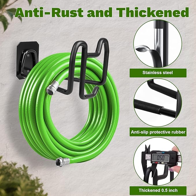 Garden Hose Holder Wall Mount - Metal Hose Hanger with Hook Heavy Duty Garden Hose Reel Sturdy Water Hose Holders for Outside Yard Lawn Storage