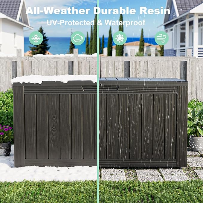 75 Gallon Outdoor Deck Box,Waterproof Resin Outdoor Storage Boxes, Outside Storage Lockable Container for Garden Tools,Indooor Cushions,Accessories (Black)
