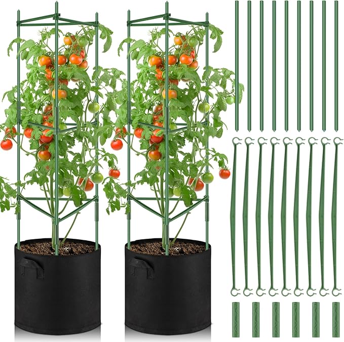 2 Pack 47" Tomato Cages with 10 Gallon Grow Bag Adjustable Tomato Cages for Garden Trellis Pots for Potted Plants Vertical Climbing Vegetables Outdoor Indoor