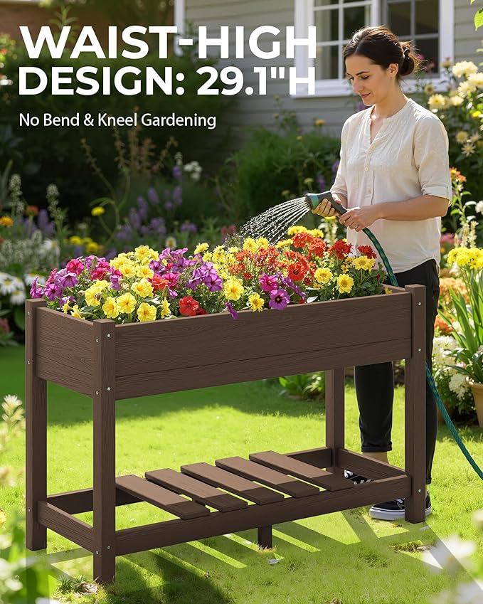 SERWALL Raised Garden Bed with Legs Set of 2, 43"×17"×30" Large HDPE Elevated Planter Box for Vegetables Flower Herb Patio, All Weather Use- Brown