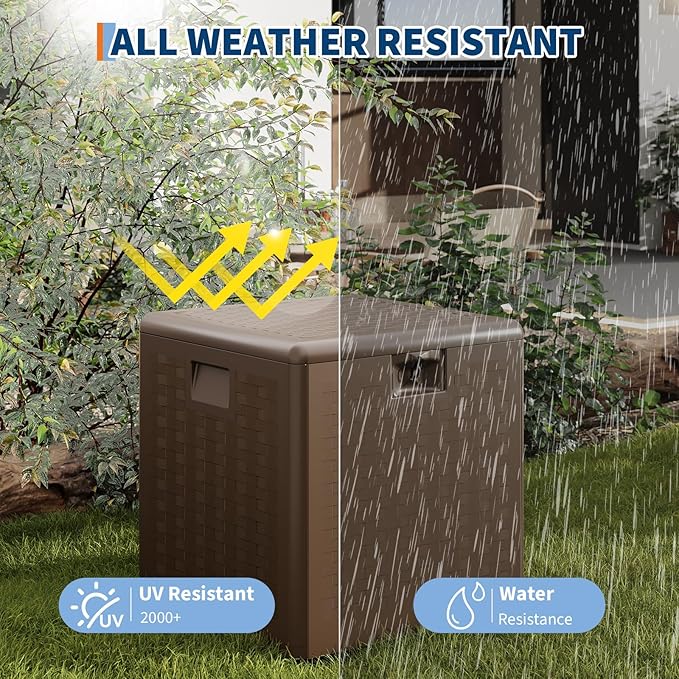 GarveeLife 28 Gallon Resin Deck Box, Weatherproof and UV Resistant Outdoor Storage Box, Lockable Outdoor Storage Bin for Patio Cushions, Garden Tools, Pool Supplies, Package Delivery, Brown