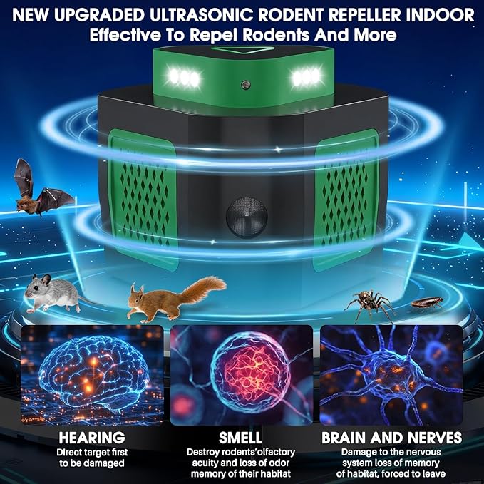 1 Pack Mice Rat Repellent for House Repellent Ultrasonic Mouse Deterrent,360°Mice Trap for House Indoor,Mouse Repellent with Flashing Light for Attic Basement Warehouse,4 Mode Switching (1)