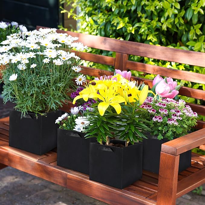 Nuogo 15 Pack 5 Gallon Square Grow Bags Thick Fabric Pots with Handles Black Plant Grow Bags for Indoor and Outdoor Garden