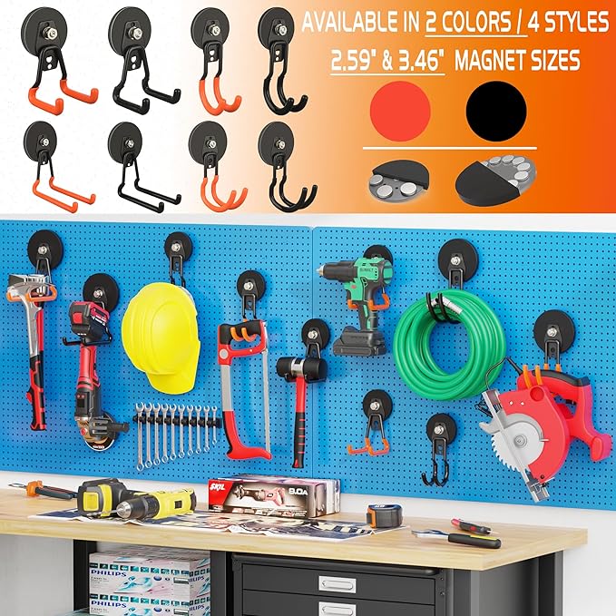 ULIBERMAGNET New Upgraded Heavy Duty Magnetic Garage Hooks,2 Pack Strong Large Magnet Hooks for Power Drill,Garden Tools,Hose,Pegboard,Garage, Workshop,Magnetic Storage Hook for Hanging(Orange)