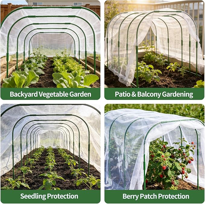 Garden Netting Kit for Raised Bed, 8X20FT Ultra Fine Mesh Netting with 5 Sets Garden Hoops & 15pcs Clips, Reusable Plant Row Cover Bird Netting for Garden Protection
