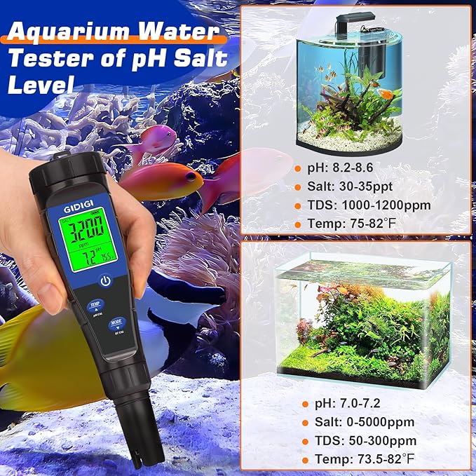 Salt Tester for Pool, pH Meter Digital 5-in-1 pH TDS EC Salt Content Meter with Calibration Solution Set, pH ppm Meter for Salt Water Pool, Aquarium, Hot Tub, Spa, Hydroponics, Home Brew
