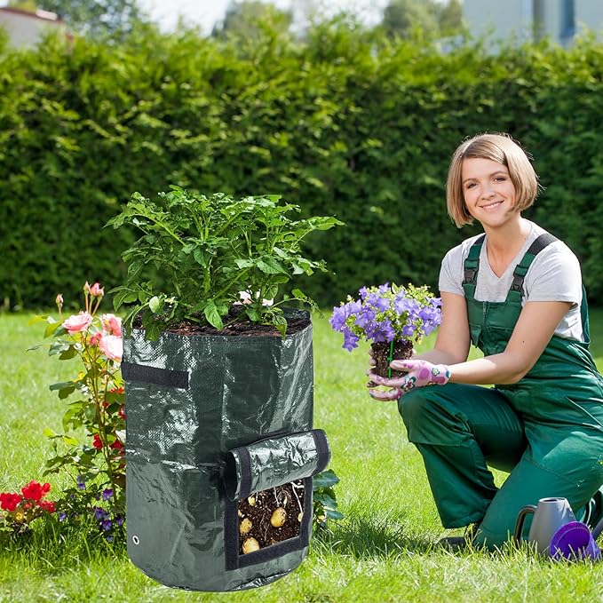 Potato Grow Bags, 4 Pack 10 Gallon Vegetables Growing Planter with Flap and Handles for Potato Vegetables Flowers Herbs Garden Outdoor