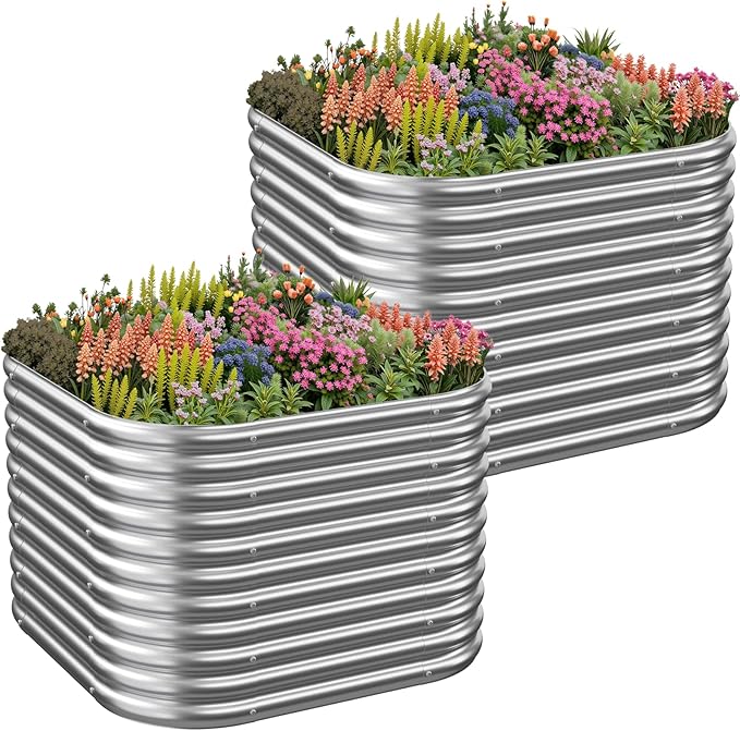 2 Pack Tall 2x2FT Corrugated Galvanized Steel Raised Garden Bed Outdoor, Metal Above Ground Garden Bed for Vegetables and Flowers, Raised Beds for Gardening-2x2FTx16inch