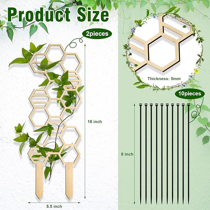 2 Pcs Indoor Plant Trellis for Climbing Plants, 16" Wooden Small Trellis Hexagon Potted Plant Trellis with 10 Pcs Black Cable Ties for Vine Flower Stem Support Accessories(Honeycomb)