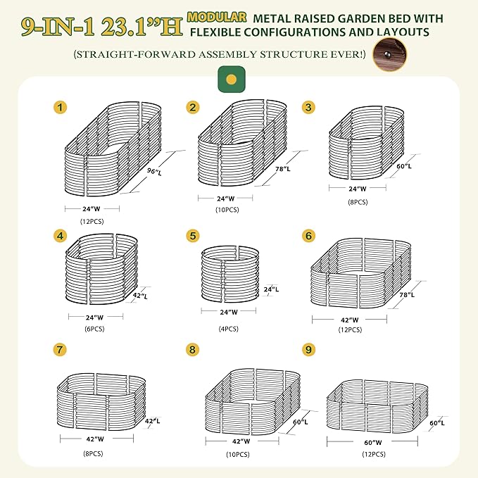 VEIKOU 8ftx2ftx2ft Raised Garden Bed Outdoor for Vegetables, 9-in-1 Galvanized Metal Planter Box with 2 Aluminum Support Bars, 23.1''H Modular Garden Bed Kit Oval for Herbs and Flowers, Rustic Brown