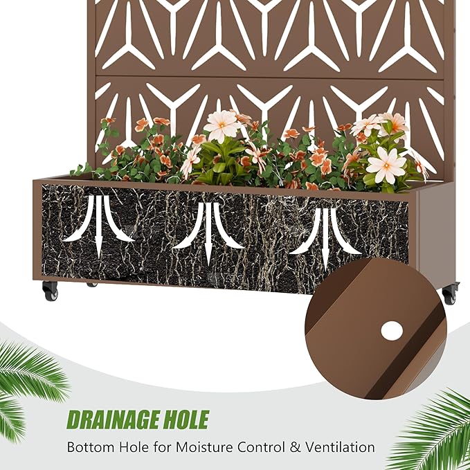 Casaphoria Metal Raised Garden Bed with Trellis and Wheels, 72"x47"x16" Arched Planter Box for Climbing Plants, Vegetables & Vines, Features Drainage Holes and Privacy Screen, Brown-Star