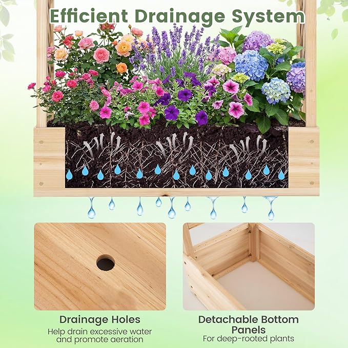 Giantex Wooden Raised Garden Bed with Trellis & Hanging Roof, 2 Pack Fir Wood Planter Box, 89” Freestanding Elevated Garden Bed for Outdoor Climbing Plants Vegetables Flowers, Patio & Balcony, Natural