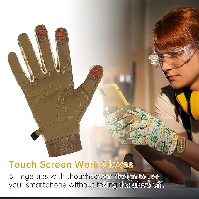 Womens Work Gloves Touch Screen Working Grip Glove for Yardwork Gardening Gloves Khaki