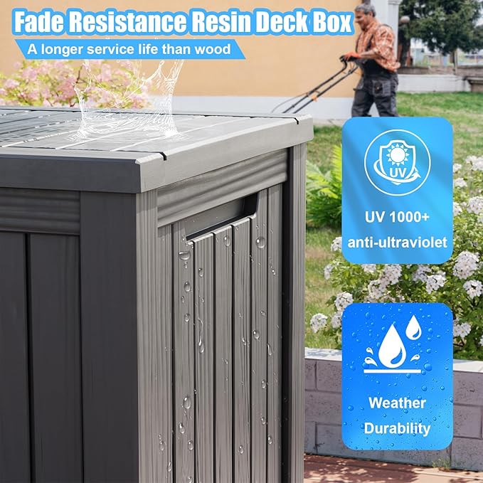 Vixzen 200 Gallon Resin Deck Box, Lockable Outdoor Storage Box for Patio Cushions Storage Furniture,Garden Tools, Pool Supplies, Weatherproof and UV Resistant（Grey，200 Gallon）