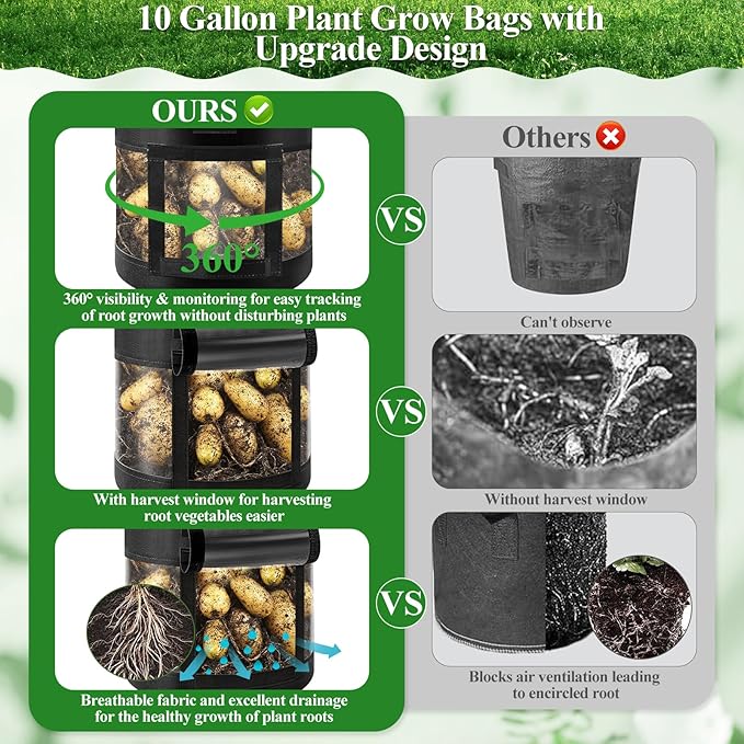4 Pack 10 Gallon Potato Grow Bags with 360°Visible Window, Heavy Duty Thickened Nonwoven Fabric Plant Grow Bag with Sunshade Cloth, Reusable Garden Grow Bags for Potatoes, Vegetables, Flowers
