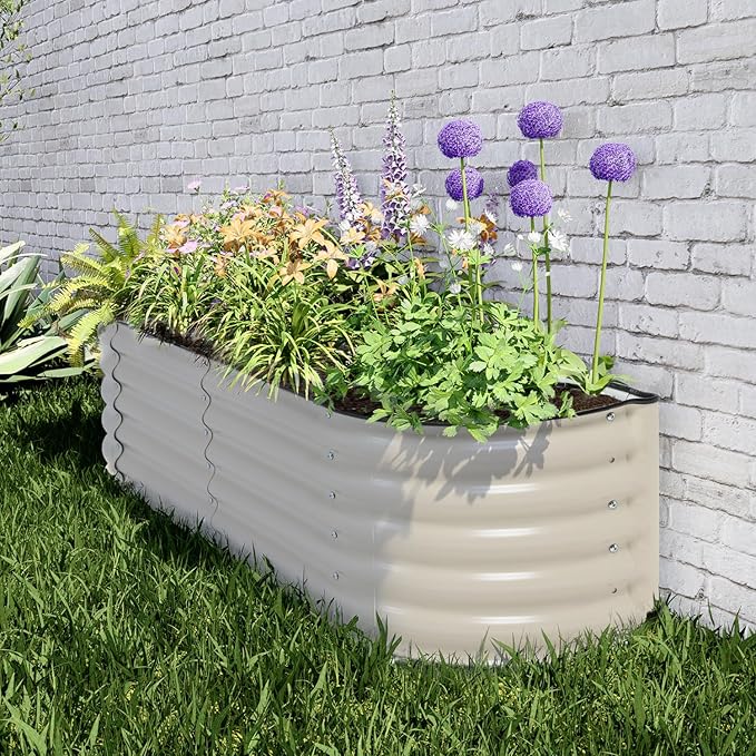 Aoodor 60"" L x 15"" W x 17"" H Galvanized Raised Garden Bed, Durable Half Moon Outdoor Planter Box for Vegetables, Flowers, and Herbs, Beige