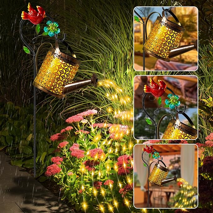 Solar Lanterns Cardinal Granden Decor, Watering Can with Cardinal Shepherd Hook and Cascading Lights, Outdoor Solar Lantern for Garden Yard Decor, Gifts for Women Mom Grandma Birthday, Mothers Day