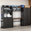 FLEXIMOUNTS Garage Storage Cabinet System, 3-in-1 Modular System with Integrated Workbench, Cabinets & Pegboard, 24-Gauge Steel, 117" L, 6-Door Cabinet for Garage Workshop, Black, FLEXIMOD Series