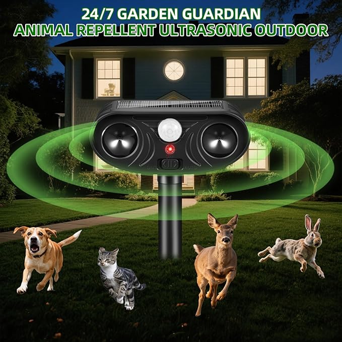 2026 Upgraded Solar Ultrasonic Animal Repellent Deer Repellent Devices Cat Deterrent Outdoor with Motion Sensor Dog Deterrent Keep Raccoon Squirrel Skunk Rabbit Away from Yard Lawn Garden 2 Pack