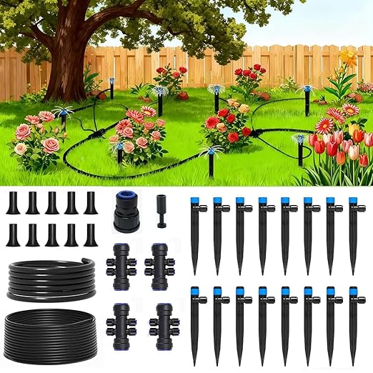 Drip Irrigation Kit, Quick Connect Garden Watering System for Lawn, Raised Bed, Greenhouse, Automatic Sprinkler Parts with 16FT 1/2" Main Pipe + 79FT 1/4" Tubing