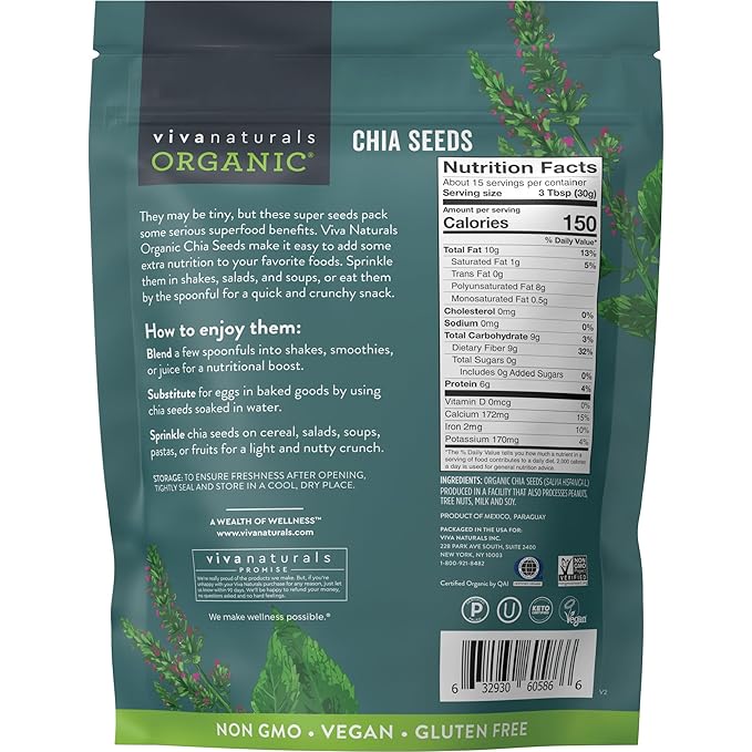 Viva Naturals Organic Chia Seeds, 1 lb, 16 Oz – Plant-Based Omega-3 and Vegan Protein, Gluten Free & Non-GMO, Perfect for Smoothies, Salads & Chia Pudding