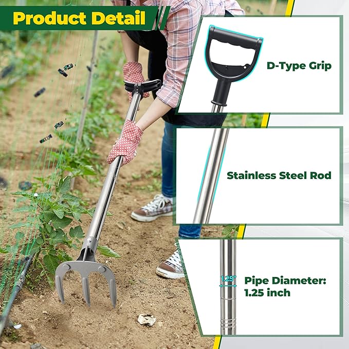 Manual Garden Rake Heavy Duty, Adjustable Handle 3 Tines Garden Cultivator Rake with D-Type Grip for Digging, Weeding, Loosening,Ergonomic Garden Tool