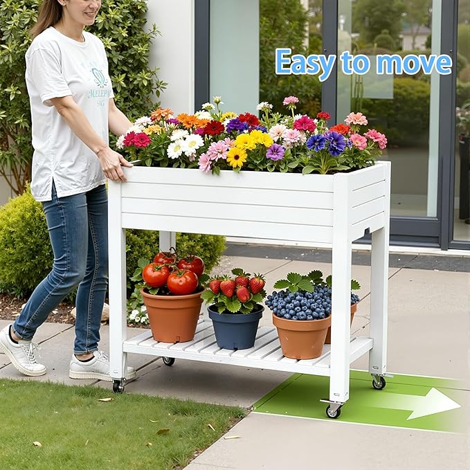 43" Elevated Garden Bed with Wheels & Legs, 78L/21 Gal Large Raised Planter Box with Drainage & Water Level Indicator, Mobile Herb Garden Kit for Patio & Balcony, Grayish-White