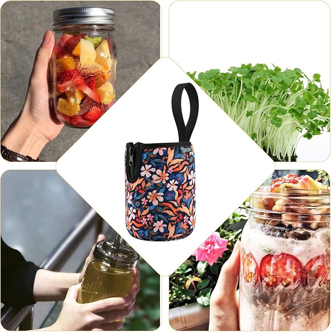 Beautyflier Mason Jars 32oz Wide Mouth Sleeve Regular Mouth Mason Jars Insulators Drinking Glass Coolers Sprouting Jars Blackout Sleeve (Colorful Flowers)