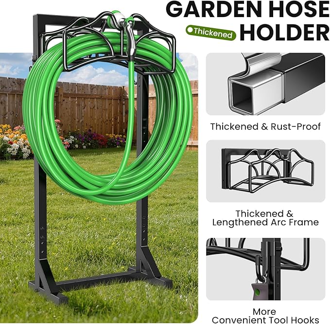 Garden Hose Holder Stand, Freestanding Heavy Duty Metal Organizer with Tool Hooks, Holds up to 150FT Hose, Easy Assembly, No Drilling, for Yard, Lawn, Garden, Patio & Backyard (Black-European)