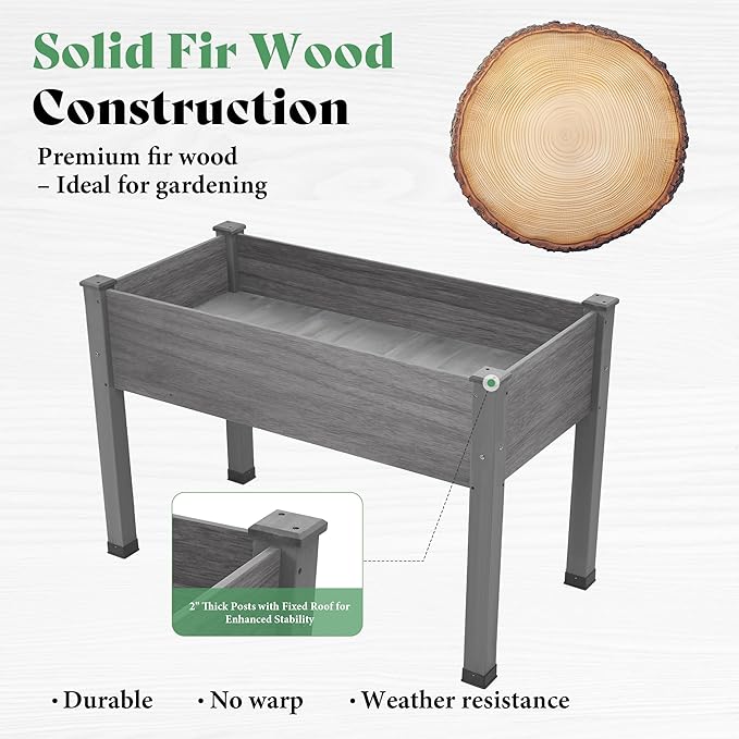 AMERLIFE Raised Garden Bed, 48x30x24 Inches Elevated Wood Planter Box with Bed Liner, Legs, Divider, Drainage Holes, Stand for Backyard, Patio, 200 Lb Capacity - Grey