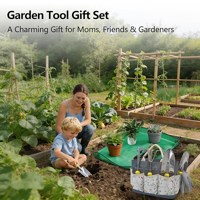 Garden Tool Set, 11-Piece Heavy-Duty Stainless Steel Hand Tools with Ergonomic Non-Slip Handles, Floral Tote Bag, Gloves, Spray Bottle and Repotting Mat, Gardening Gift for Women