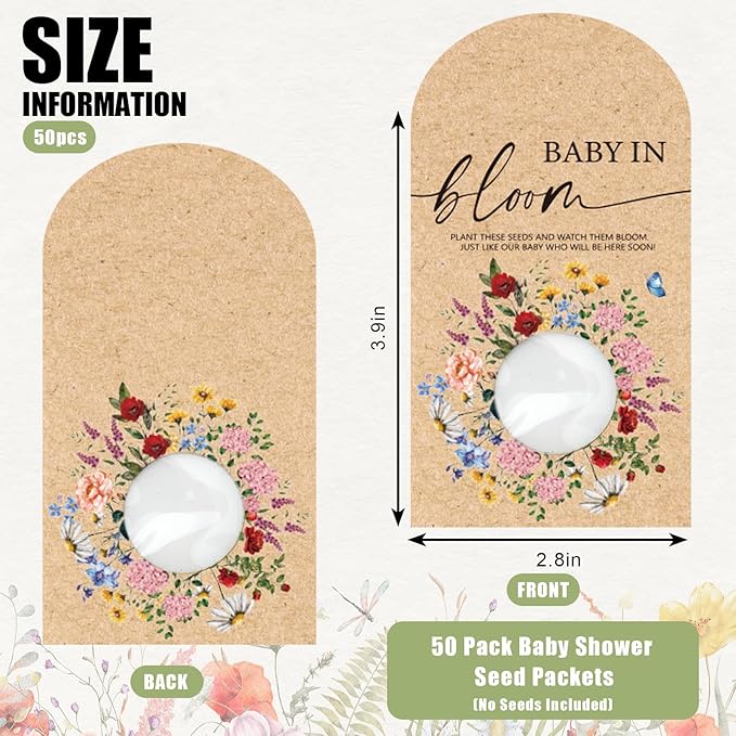 50Pcs Wildflower Seed Packets Baby in Bloom Kraft Envelopes with Window Resealable Rustic Floral Seed Storage Pockets for Garden Office Party Favors Supplies, 2.8 x 3.9 inch