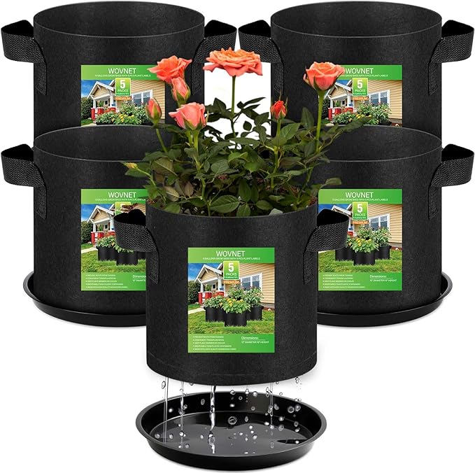 5 Pack 5 Gallon Grow Bags with 5 Plant Saucer and 5 Labels 260g Thickened Nonwoven Fabric Plant Pots with Handles, Garden Grow Bags for Vegetables, Aeration Pots