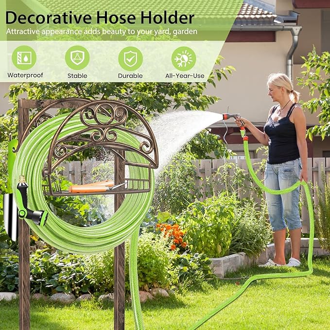 TomCare Garden Hose Holder Upgraded Water Hose Holder Heavy Duty 4 Spikes Hose Hanger Holds 160 Feet Hoses Stable Freestanding Hose Storage Organizer for Outside Yard
