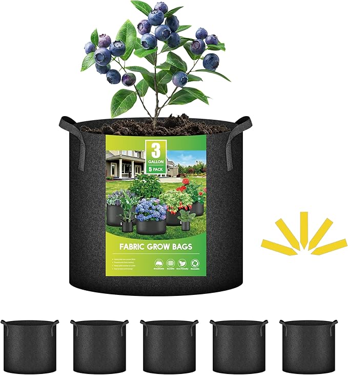 iPower 3 Gallon 5 Pack Grow Bags Nonwoven Fabric Pots Aeration Container with Strap Handles for Garden and Planting, 5-Pack Black, 3 Gallon