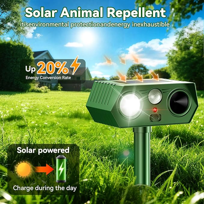 2026 Upgraded Solar Ultrasonic Animal Repellent Outdoor Deer Cat Repellent with Motion Sensor Flash Light, IP65 Waterproof Repeller Keep Rodent Squirrel Raccoon Opossum Skunk Out of Yard Farm - 4Pack