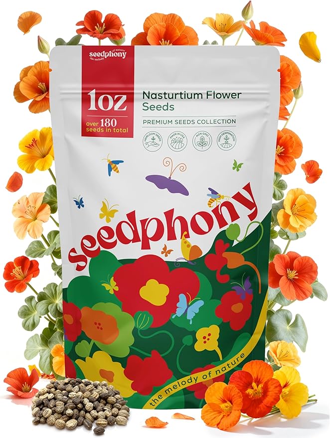 Nasturtium Seeds Pack 1 oz Non-GMO Heirloom Nasturtium Seeds for Planting, Perennial Flowers in Waterproof Seed Packet, Wildflower Seeds for Planting Garden Indoor & Outdoor Gardening