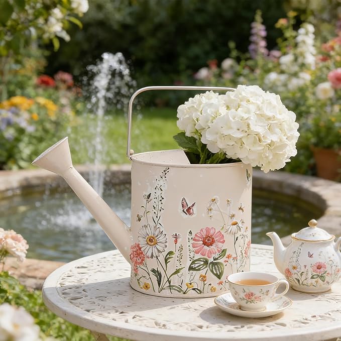 Metal Watering Can Flower Pot with Handle Rustic Farmhouse Water Can for Indoor Outdoor Garden Plants Watering (Pink)