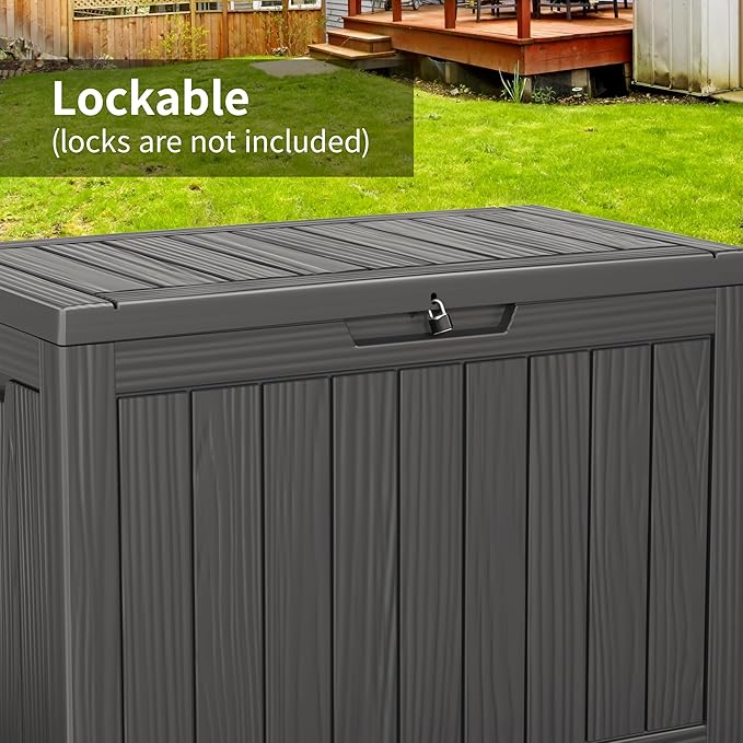 Vixzen 46 Gallon Resin Deck Box, Lockable Outdoor Storage Box for Patio Cushions Storage Furniture,Garden Tools, Pool Supplies, Weatherproof and UV Resistant（Black，46 Gallon）